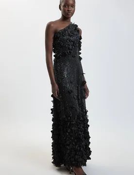 Women's Floral Applique One Shoulder Woven Maxi Dress in Black Size: 6 - Black - Size: 6 - Karen millen - FashionsVida