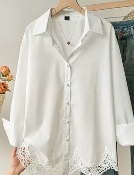 Elegante blusa blanca de mujer para primavera/verano, transpirable y ligera, con botones, versátil, con dobladillo de encaje de ganchillo y manga lar - Shein - FashionsVida