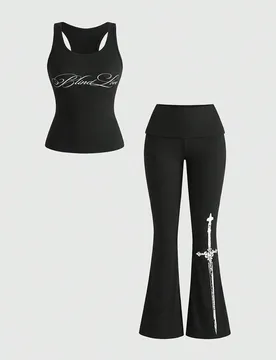 Conjunto casual de 2 piezas para mujer con top de tirantes con estampado de cruz y eslogan & pantalones acampanados, estética Y2K L - Shein - FashionsVida