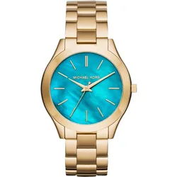 Womens Mk3492 Slim Runway 42mm Gold-Tone Stainless Steel Ladies Watch Blue Dial - One Size