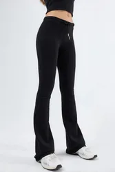 Womens Mid Waist Flare Leg Sweatpants With Drawstring - Black