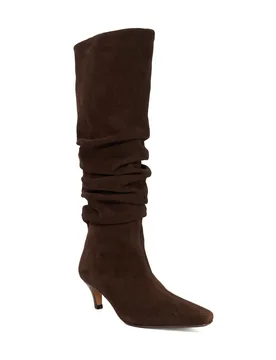 Womens Ladies Saunders - Ruched Suede Knee High Comma Heel Boots - Brown - Size Uk 4 - Dune london - FashionsVida