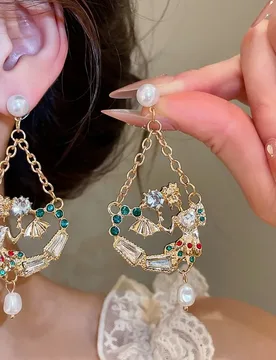 Minar 2026 Hot Sale Multicolor Rhinestones Simulated Pearl Hollow Out Geometrical Long Dangle Earrings for Women Party Jewelry - Aliexpress - FashionsVida