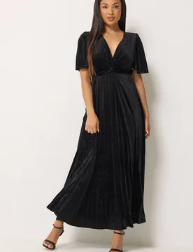 Women's Petite Velvet Twist Front Pleated Maxi Dress in Black Size: 8 - Black - Size: 8 - M&Co - FashionsVida