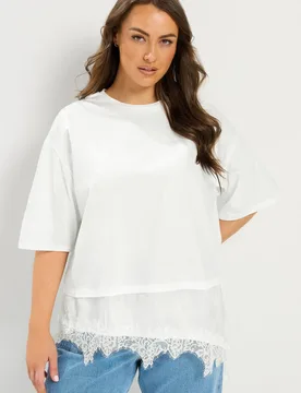Women's Lace Trim T-Shirt in White Size: 20 - White - Size: 20 - Yours - FashionsVida