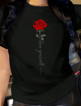 Camiseta de manga corta de verano informal con cuello redondo, estampado de rosa y gráfico "Love Yourself" para mujer XL - Shein - FashionsVida