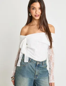 Womens Lace Bow Detail Bardot Bodysuit - Cream - Size 10 Uk - Boohoo - FashionsVida