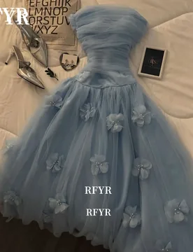 RFYR A Line Princess Dress 3D Flowers Blue Prom Dress Strapless Party Gown Elegant A Line Gowns فساتين مناسبة رس - Aliexpress - FashionsVida