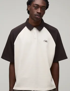Mens Oversized Boxy Half Sleeve Man Script Raglan Polo - Brown Cotton - Size Large - boohooMAN - FashionsVida