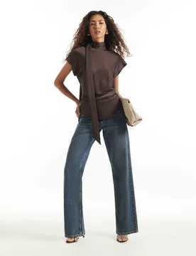 Satin Draped Tie Neck Top Dark Brown female - River Island - FashionsVida