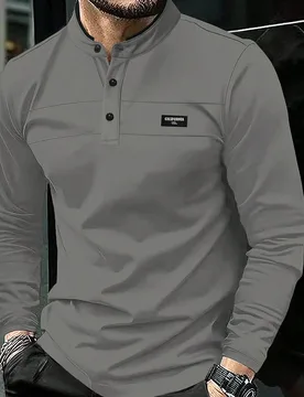 Camisa polo de manga larga de unicolor para hombres, minimalista y de moda para el verano L - Shein - FashionsVida