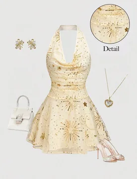 Vestido mini corto para mujer talla grande vendido con cuello drapeado, cintura con empalme y dobladillo, tela con textura estrellada y cuentas, vesti - Shein - FashionsVida