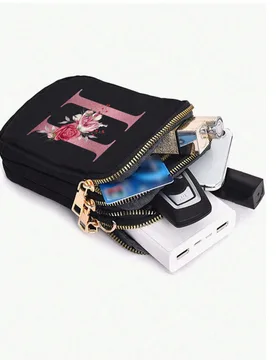 Bolso de hombro casual de moda con estampado de 26 letras A-Z de rosa romántica rosa, monedero de tela de nailon, bolso de hombro para teléfono, bol - Shein - FashionsVida