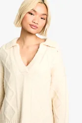 Womens Cable V Neck Collared Knit Jumper - Cream - Size Large