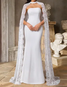 Elegante vestido de novia de punto elástico blanco sin tirantes de largo hasta el suelo estilo sirena para cena, fiesta formal, con capa de encaje fl - Shein - FashionsVida