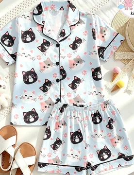 Set de 2 piezas de pijama informal para niñas con estampado de gato de dibujos animados, con cuello polo y manga corta, compuesto por cárdigan y pan - Shein - FashionsVida