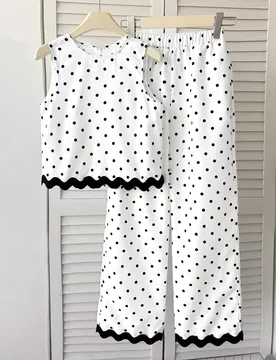 Conjunto de 2 piezas para niña preadolescente con top de tirantes casual de cuello redondo y pantalones anchos con estampado de lunares pequeños, co - Shein - FashionsVida