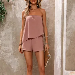 Conjunto de 2 piezas para mujer con top bandeau de textura y dobladillo asimétrico y shorts casuales XL