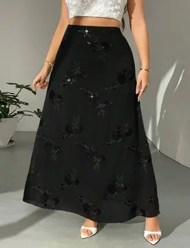 Falda larga con dobladillo fluido y bordado floral para mujer de talla grande, casual de negocios, para maestras de primavera a verano 4XL - Shein - FashionsVida