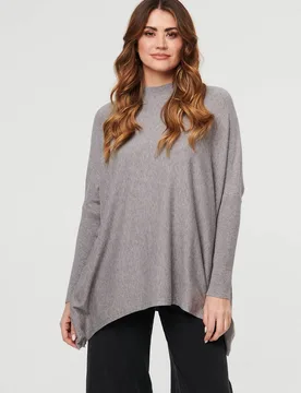 Women's High Neck Batwing Sleeve Relaxed Jumper in Grey Size: Medium/Large - Grey - Size: M/L - Izabel London - FashionsVida