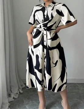 Vestido de talla grande informal con cuello de camisa y manga corta con estampado 0XL - Shein - FashionsVida