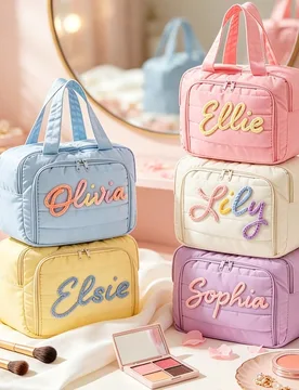 Pieza Bolsa de maquillaje personalizada con nombre rosa y azul, bolsa de almacenamiento de maquillaje para dama de honor, bolsa con purpurina para fie - Shein - FashionsVida