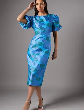 Women's Blue Floral Puff Sleeve Midi Dress Size: 12 - Blue - Size: 12 - Coast - FashionsVida