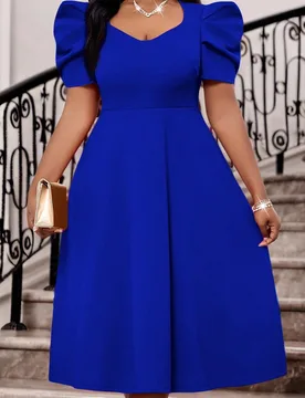 Vestidos de manga corta con mangas abullonadas y falda acampanada, de punto rojo, elegantes para oficina, fiestas, bodas, cócteles, conciertos y fest - Shein - FashionsVida