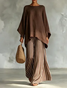 Conjunto de 2 piezas para mujer primavera/verano casual marrón claro con cuello redondo, manga 3/4, dobladillo asimétrico, top holgado y pantalones - Shein - FashionsVida