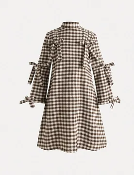 Vestido a-line con cuello alto, manga larga, decoración de lazo y estampado a cuadros para niña preadolescente, adecuado para primavera, otoño e in - Shein - FashionsVida