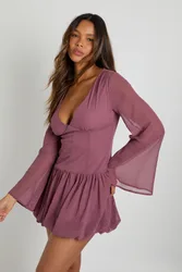 Womens Chiffon Drop Waist Puff Ball Mini Dress - Rose - Size 14 Uk