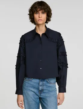 Camisa de mujer 100% algodón fruncida con strass - sandro - FashionsVida