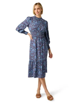 Women's Print Smocked Midi Dress in Brown Size: 18 - Brown - Size: 18 - Adrianna Papell - FashionsVida