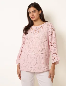 Flower Crochet Long Sleeve Top - S/M / PINK - female - Blue Vanilla - FashionsVida