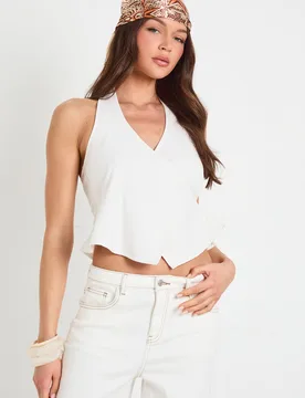 Womens Linen Look Halterneck Wrap Top - Natural Cotton - Size 12 Uk - Boohoo - FashionsVida