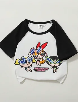 Camiseta de manga raglán simple con patrón de dibujos animados en contraste blanco y negro, linda y dulce para niñas jóvenes, adecuada para verano - Shein - FashionsVida