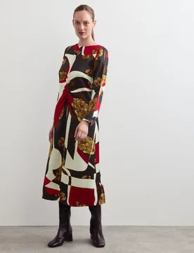 Floral Round Neck Midi Column Dress Red Mix female - Jaeger - FashionsVida