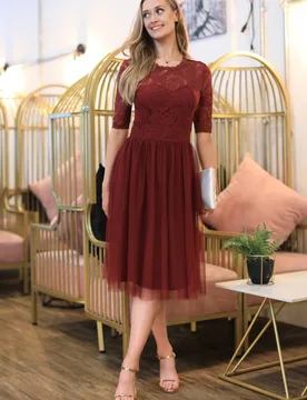 Women's Lace Dress with Tulle Skirt in Burgundy Size: 8 - Burgundy - Size: 8 - DOUBLE SECOND - FashionsVida