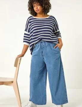 Women's Curve Tie Waist Denim Wide Leg Trouser in Light Blue Size: 18 - Light Blue - Size: 18 - Roman - FashionsVida