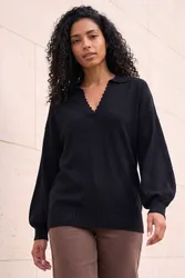 Women's Collared V-Neck Boyfriend Jumper in Black Size: 16 - Black - Size: 16