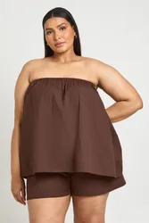 Womens Plus Poplin Bandeau Smock Top & Flippy Short - Chocolate - Size 22 Uk