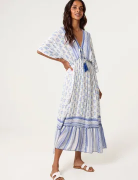 Women's Elasticated Waist Blue Three Quarter Sleeve V-neck Maxi Dress Size: Small/Medium - Blue - Size: S/M - Blue Vanilla - FashionsVida