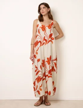 Floral Print Wide Leg Jumpsuit - L/XL / IVORY/ORANGE - female - Blue Vanilla - FashionsVida