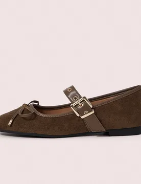 Mocasines planos casuales con puntera redonda, suela blanda, correa, bloqueo de color, decoración de remaches metálicos y lazo de ballet para mujere - Shein - FashionsVida