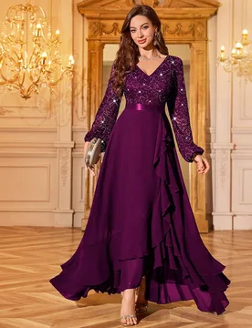 Vestido largo de fiesta formal con lentejuelas, encaje floral, escote en V, mangas farol y bajo con volantes, elegante vestido de fiesta para mujer, v - Shein - FashionsVida