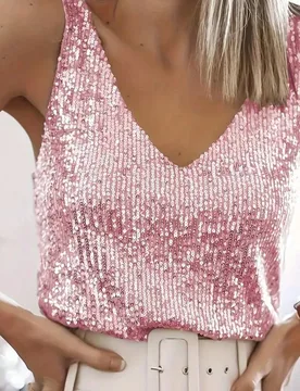 Top sin mangas con escote en V con lentejuelas, elegante top casual de color rosa para primavera y verano L - Shein - FashionsVida