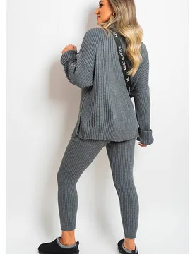 Women's Mila Chunky Knitted High Roll Neck Top Bottom Co-ord Set in Dark Grey Size: Small/Medium - Dark Grey - Size: S/M - IKRUSH - FashionsVida