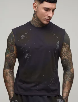 Mens Tall Boxy Fit Washed Rhinestone Tank - Charcoal Cotton - Size X-Large - boohooMAN - FashionsVida