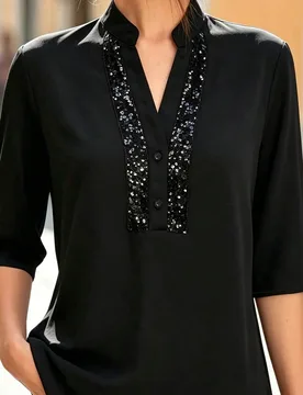 Blusa elegante casual inteligente para mujer con cuello alto, media abertura, patchwork de lentejuelas, para fiesta, oficina y cena, color negro, oto? - Shein - FashionsVida
