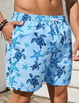 Shorts de playa relajados para hombres con estampado de tortuga y estrella de mar, pantalones cortos de natación para hombres, pantalones cortos de t - Shein - FashionsVida